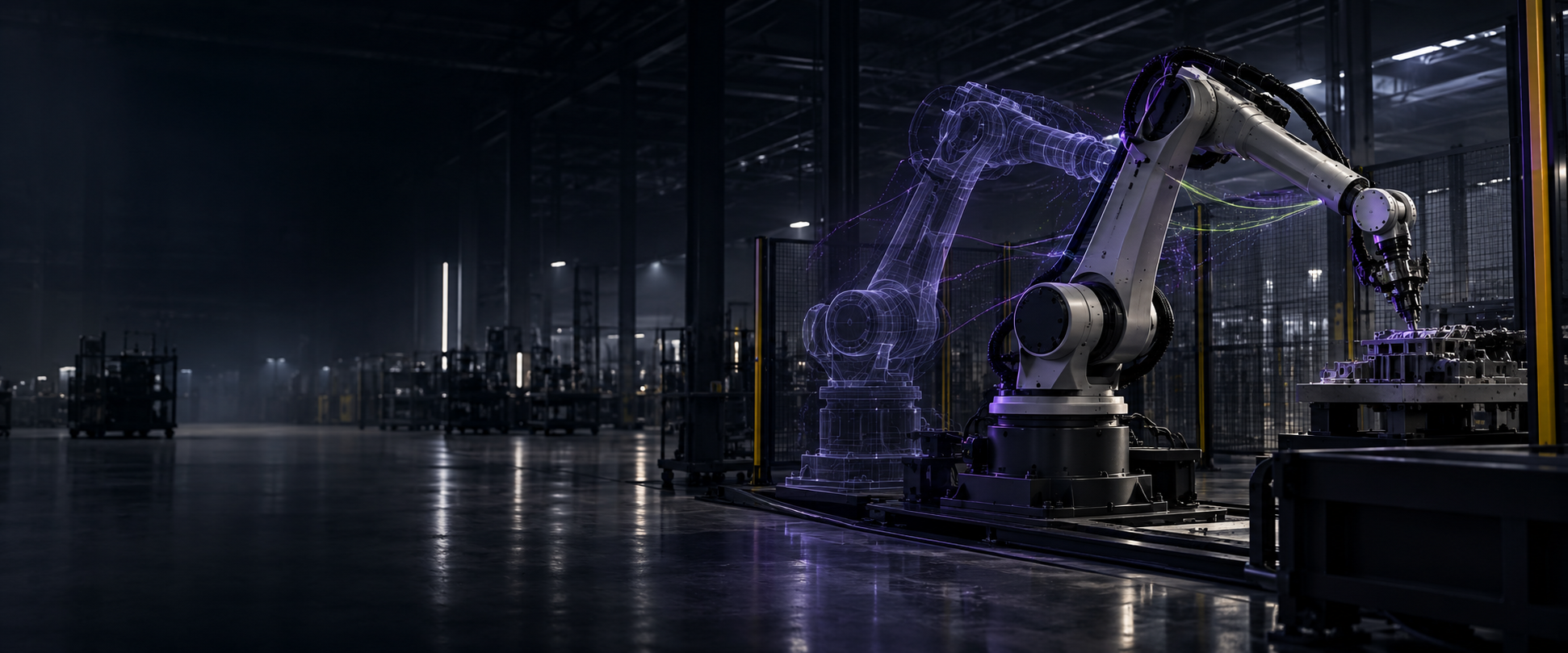 Concept image of an industrial robot and its digital counterpart on a connected factory floor.